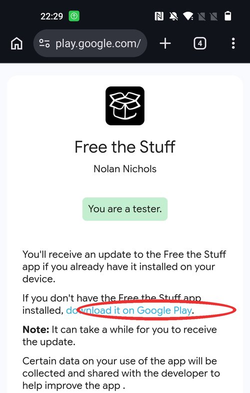 Play Store testing page showing tester status and download link